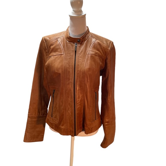 EUC - Bernardo Tan 100% Leather Women's Zip Front Racer Jacket Size Small - Picture 5 of 17